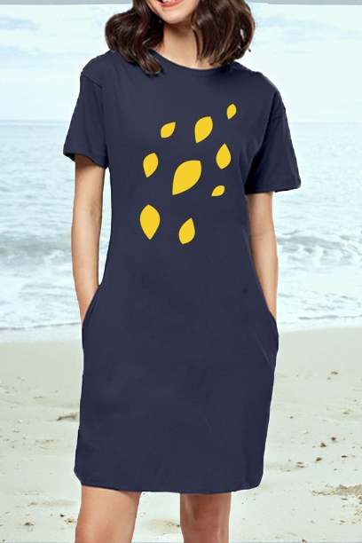 Limited Edition Women's Navy Blue Dress with Yellow Abstract Leaf Design